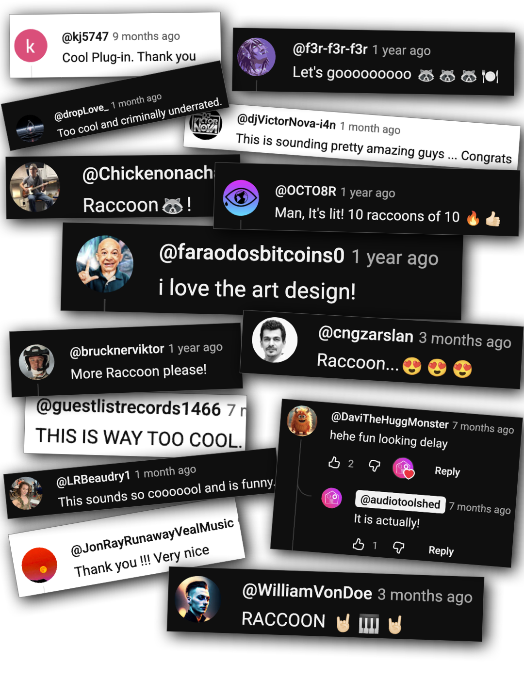 Collage of community comments and social proof from Raccoon Audio users